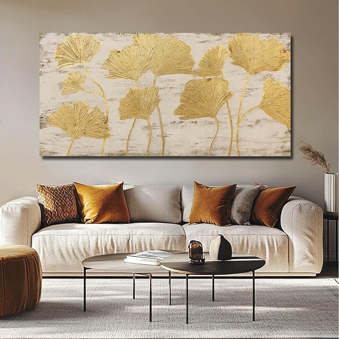 Gold Wall Decor Leaf Wall Art Large Photo Pictures Canvas Wall Decorations for Living Room Artwork for Girls Room 24"x48"