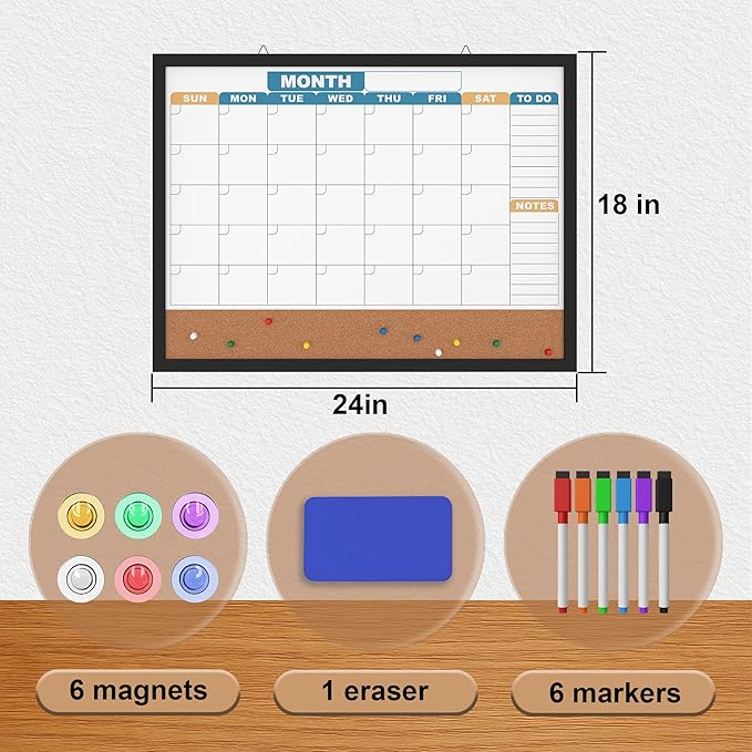 Monthly Calendar Dry Erase Board 24x18 Inch, Double-Sided Whiteboard and Corkboard Combo with Black MDF Frame (Color Calendar), Wall Mounted Planner with Marker, Magnet, Push Pin, Eraser