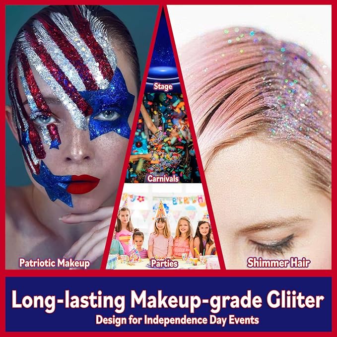 Allstarry Chunky Body Glitter 4 Colors Cosmetic Patriotic Face Glitter Veterans Day Eye Flakes Independence Day Hair Sequins Sparkle 4th of July Accessories for Women Face Paint Makeup Nails Art