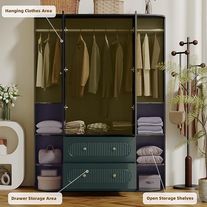 69” Fluted Large Capacity Storage Wardrobe Armoire, Wardrobe Armoire Wooden Closet with 2 Doors, 3 Hanging Rod Shelves, 2 Drawers & 6 Display Shelves, Bedroom Clothing Storage Cabinet Black