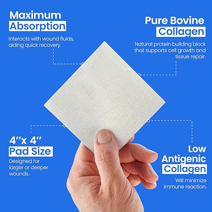 Collagen Dressing Pads - 4" x 4" 5 Count Collagen Pads for Wounds - Non-Adherent Collagen Dressing for Wound Care - Safe n' Simple Wound Care Supplies.