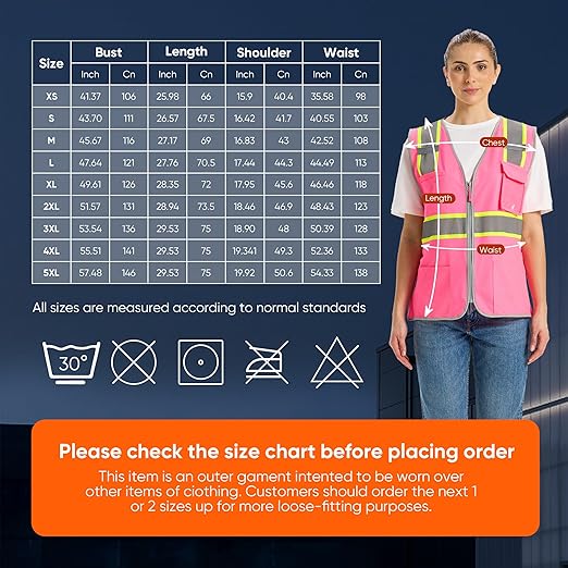 Hi Vis Safety Vest for Women, Working Drawstring waist Construction Vest with Pockets and Zipper (US, Alpha, 6X-Large, Regular, Regular, Pink
