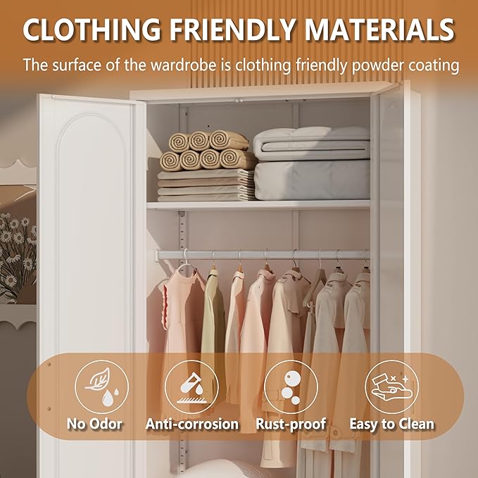 Metal Armoire Wardrobe Closet for Hanging Clothes, 71" Tall Wardrobe Cabinet with Hanging Rod, Large Freestanding Wardrobes Closet with Doors and Shelves for Bedroom, Office, Gym, School, White