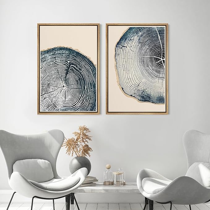 MUDECOR Framed Canvas Print Wall Art Navy Blue Wood Tree Ring Nature Illustration Modern Art Decorative Multicolor Geometric Minimal for Bedroom - 24"x36"x2 Natural