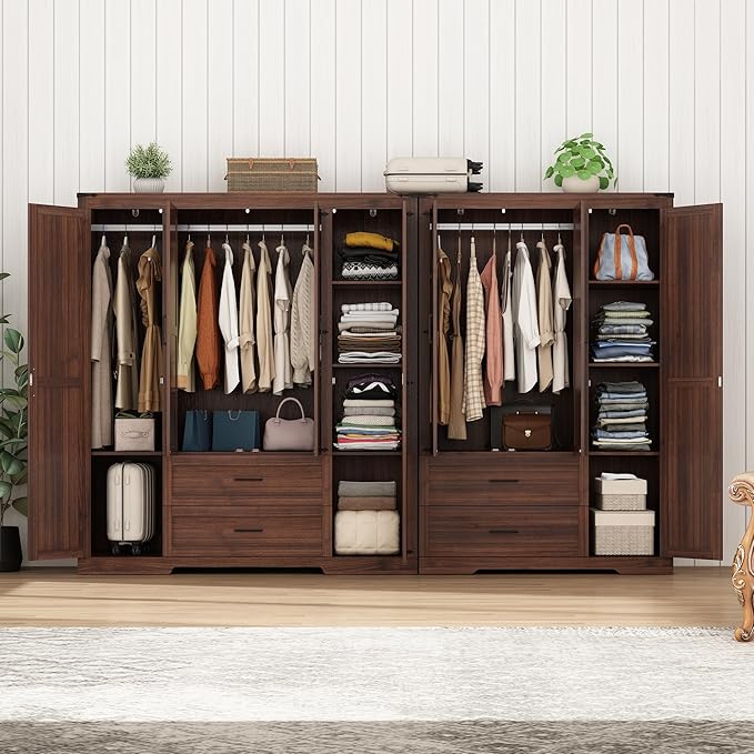 7 Doors Wardrobe Armoire Closet with Doors and Drawers, Farmhouse Wooden Armoire Storage Cabinet with Shelves & Hanging Rod for Bedroom, Brown
