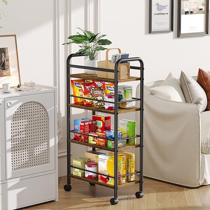 Slim Rolling Cart, 4-Tier Narrow Storage Cart with Handle, 9.1 Inches Deep, Bathroom Shelf for Small Spaces, Kitchen, Dining Room, Living Room, Laundry Room, Rustic Brown