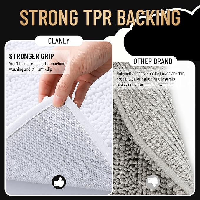 OLANLY Thick Bathroom Rugs 30x20, Extra Soft Absorbent Chenille Striped Bath Rugs, Rubber Backing, Machine Wash Dry, Bath Mats for Bathroom Floor, Tub and Shower, Home Decor Accessories, White