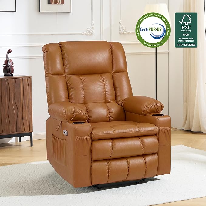 MCombo Dual Motor Large Power Lift Recliner Chair for Elderly, Lay Flat Lift Chair with Heat and Massage, Big Lift Recliner for Tall People, Faux Leather 7896 (Tawny, Large)