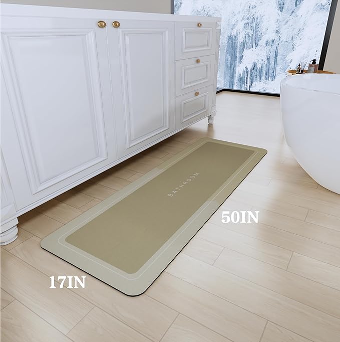 Bath Mat, Bathroom Mat Rugs Super Absorbent Shower Mats Non Slip Quick Dry Thin Rubber Mats for Bathroom Floor Fit Under Door, Shower Rug for Bathtub, Shower, Beige
