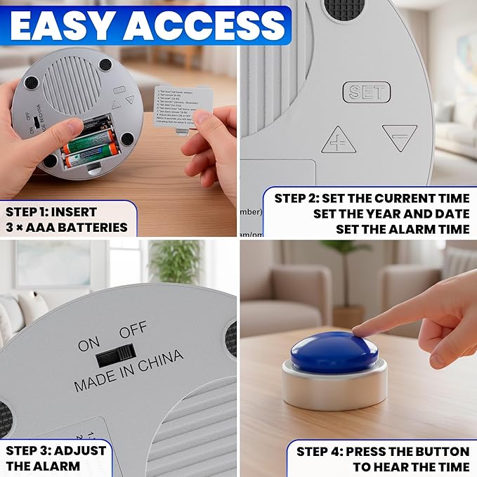 Talking Clock for Blind Elderly with English Voice & Alarm – Easy-to-Use Voice Announced Time & Date Talking Watches for the Blind | Big Button Interface, High/Low Volume, Gift for Elderly Loved Ones
