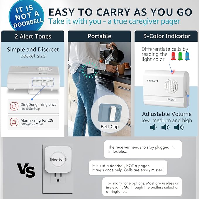 Caregiver Pager Call Button Wireless Call Bell Alert Buttons for Patients Elderly Seniors Home Portable Nurse Call System Bed Alarm Fall Prevention Emergency