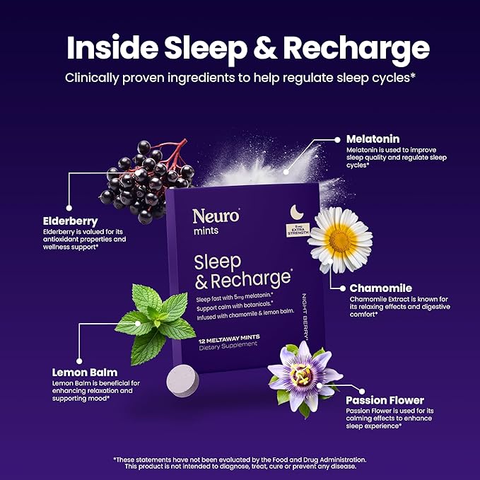 Neuro Sleep & Recharge Meltaway Mints - Contains Melatonin 5mg, Chamomile & Elderberry - Travel Aid for Nighttime Relaxation & Healthy Sleep Cycle - Night Berry 144, ct