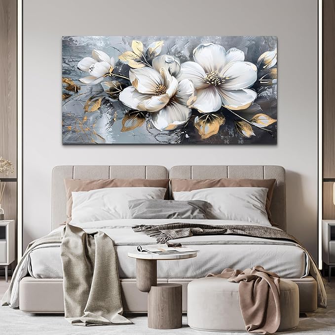 KELIYUAN Large Canvas Wall Decor Living Room For Wall Art For Bedroom Office Decorations Abstract White Flowers Wall Paintings Pictures Artwork Modern Framed Posters Home Decor Aesthetic 30"x60"