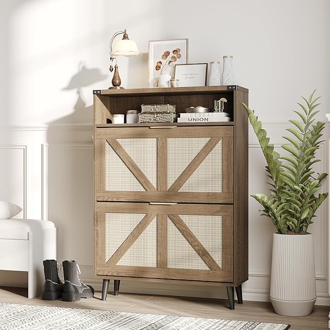 Shoe Cabinet with 2 Flip Drawers & Open Storage,Farmhouse Shoe Storage Cabinet for Entryway,Freestanding Narrow Organizer Rack with Legs,Foyer,Hallway,Rustic Oak Rattan