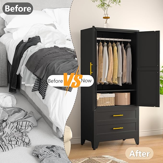 Metal Armoire Wardrobe Closet Storage Cabinet with Hanging Rod,71'' Metal Wardrobe Cabinet with 2 Drawers and Adjustable Shelf,2 Doors for Bedroom, Laundry Room, Cloak Room