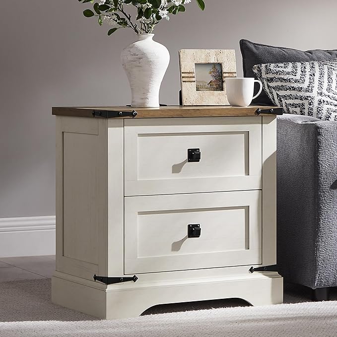 T4TREAM 24" Farmhouse Nightstand with Charging Station, Large End Table with 2 Storage Drawers, Rustic Wood Sofa Bedside Table for Bedroom, Antique White