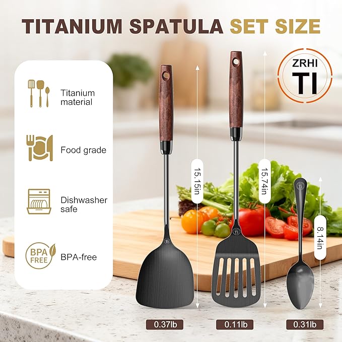 3-Piece Pure Titanium Kitchen Utensil Set - Metal Spatula, Slotted Spatula & Bonus Spoon, Food Grade Pancake Cooking Tools, Dishwasher Safe