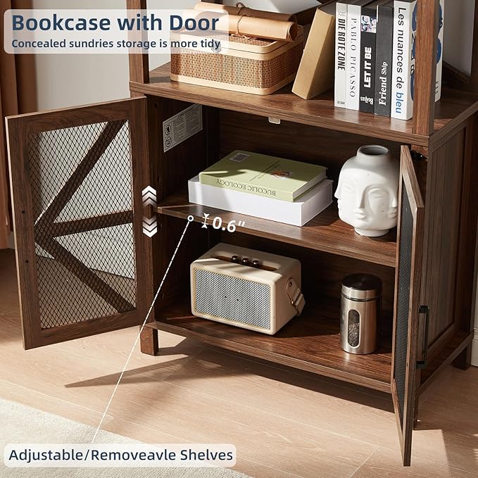 5 Tier Bookshelf 70" Tall Bookcase with Barn Doors,Large Farmhouse Display Book Shelf with Adjustable Shelves and Storage Cabinet，Library Wood Bookshelves for Living Room,Kitchen,Brown