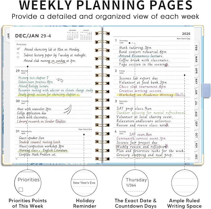AHGXG 2026 Planner, Weekly and Monthly Planner for Women, Jan 2026 - Dec 2026, Medium Size (5.7" x 8.3"), Calendar 2026, Hardcover with Monthly Tabs, Spiral-Bound, 100 GSM Thick Paper, Blue-Ocean
