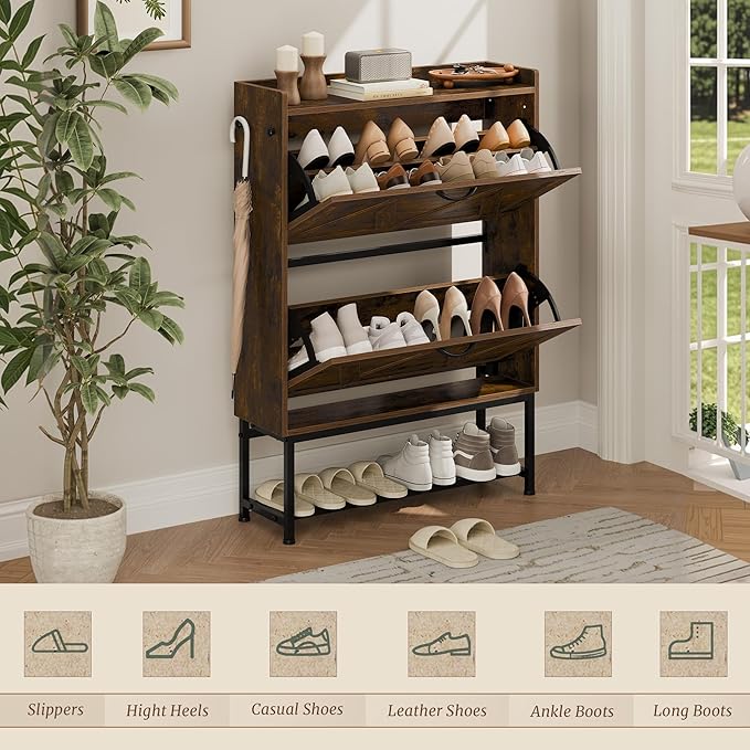 Narrow Shoe Storage Cabinet with 2 Flip Drawers & Adjustable Shelf for Entryway, Freestanding Hidden Slim Shoe Organizer Rack, Rustic Brown