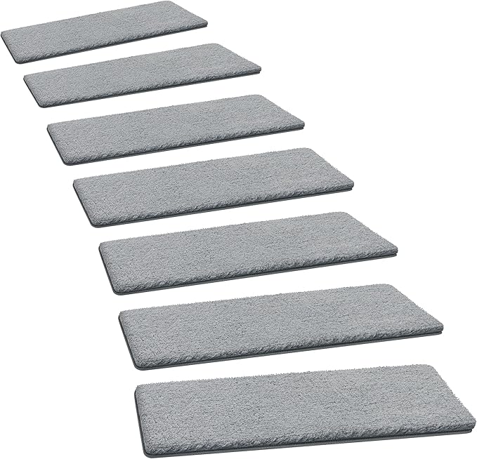 PURE ERA Carpet Stair Treads Ultra Plush 8" X 30" Soft Indoor Stair Protectors Pet-Friendly Non-Slip Skid Resistant Tape Free Washable Reusable(14 Pieces, Gray)