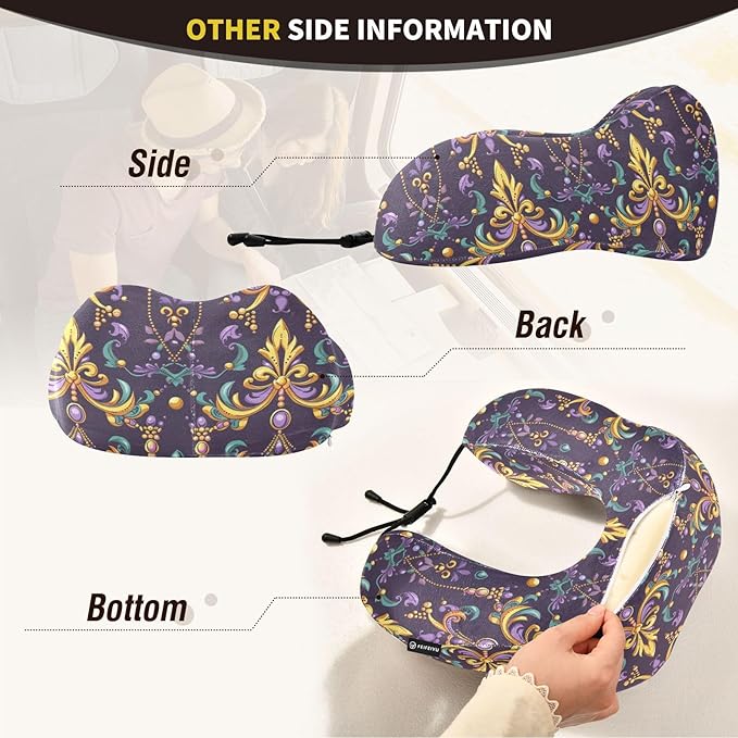 Travel Pillow for Neck Head, Mardi Gras Fleur De Lis Beads Memory Foam Padding Sleeping Airplane Trains Cars Camping Office