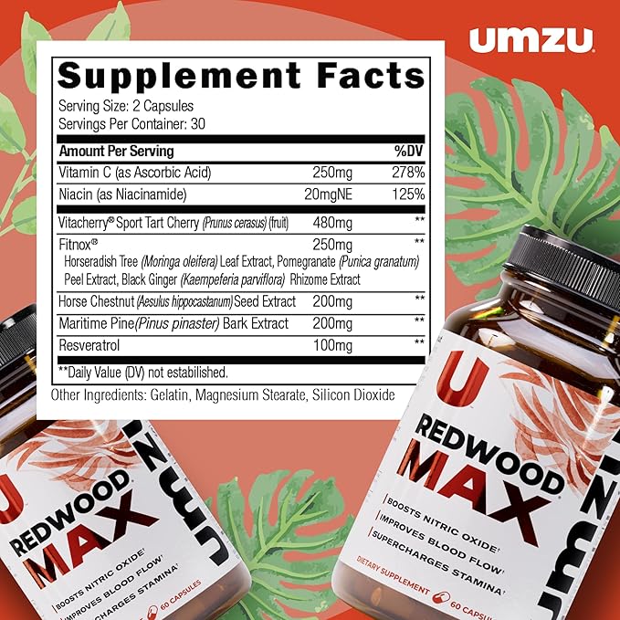 UMZU Redwood Max Nitric Oxide Booster, 1-Month Supply – Advanced Nitric Oxide Supplement with Fitnox Blend, Pine Bark, Resveratrol & Tart Cherry – Promotes Healthy Circulation, Energy and Recovery