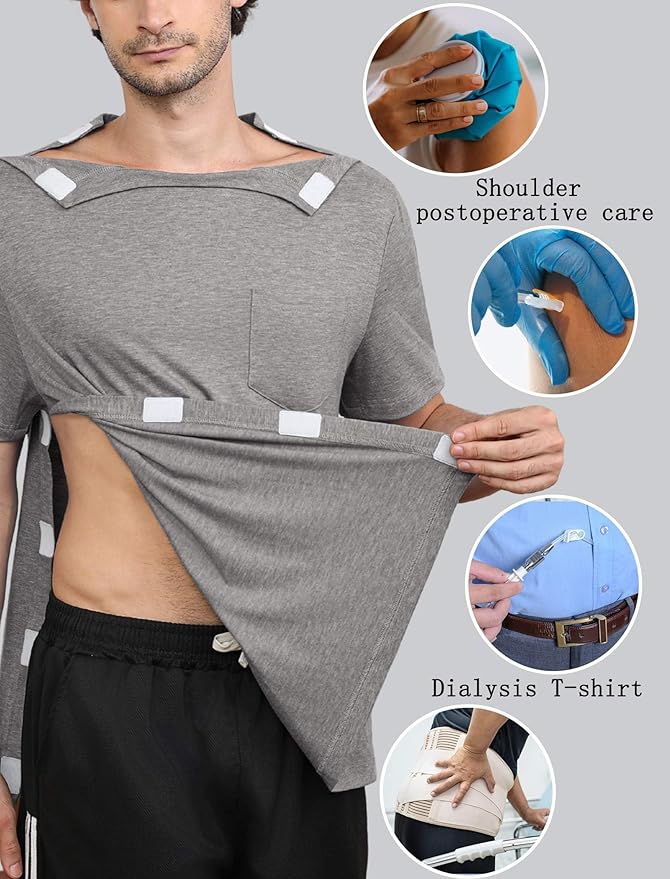 Deyeek Shoulder Post Surgery Recovery Shirts for Men Full Tear Away Short Sleeve T Shirt Adaptive Chemo Clothing
