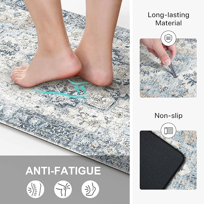 GENIMO Kitchen Mats for Floor 2PCs, Washable Anti Fatigue Mat for Cushioned, 23.6"x71"+20" x 32", Waterproof Kitchen Rugs, Non Slip Comfort Standing Mat Rug for Home, Sink, Laundry, Light Blue