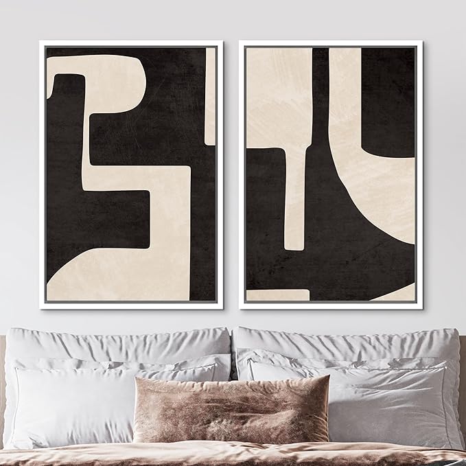 MUDECOR Framed Canvas Print Wall Art Black & White Geometric Paint Stroke Decor Abstract Nature Illustration Modern Art Decorative Multicolor Geometric Minimal for Bedroom - 16"x24"x2 White