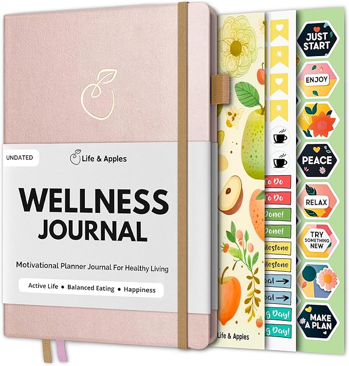 Life & Apples Wellness Planner - Food Journal and Fitness Diary with Daily Gratitude and Meal Planner for Healthy Living and Self-Care - Track Weight Loss Diet and Health Goals - Undated, Rose Gold