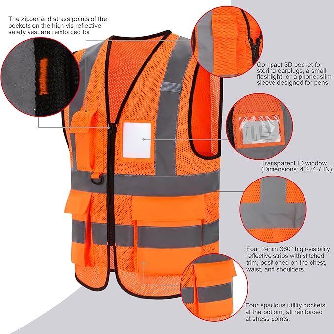 High Vis Safety Vest Reflective Strips, Multi-Pocket Design, Available in Yellow,Orange,black,Pink,blue,Red,purple
