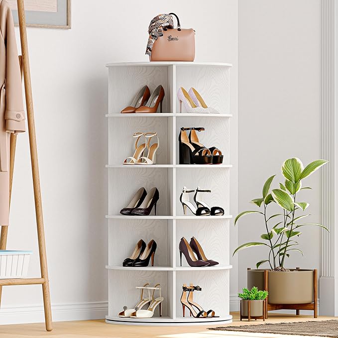 Wooden Rotating Shoe Rack, 5 Tier Spinning Shoe Rack Tower for Closet, Storage Organizer for Entryway, Bedroom, Living Room (Embossed White, 5 Tier)