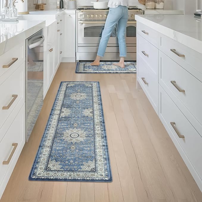 Collive Boho Kitchen Mat, Cushioned Anti Fatigue Kitchen Rug Set 2 Piece Non-Skid Waterproof Kitchen Mats for Floor, Comfort Heavy Duty Standing Mat for Kitchen, Laundry, Office, Desk(Blue)
