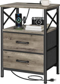 Huuger Night Stand with Charger Station, 2 Drawer Nightstand with Open Shelf, Bed Side Table with USB-C Port, End Table, Compact Size for Small Spaces, X Shaped Side Rail, Oak