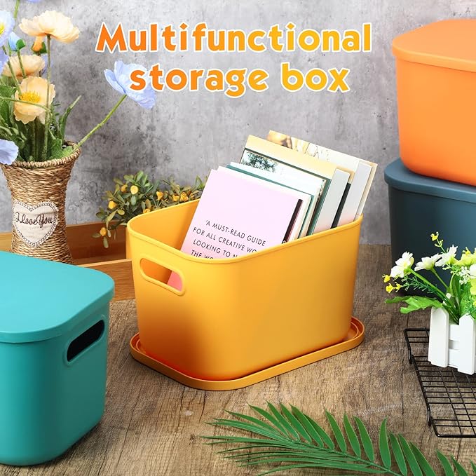 Hoolerry 8 Pieces Colorful Storage Bins with Lid, Plastic Storage Basket Organizing Container Stackable Box with Handle for Shelves Desktop Playroom Office(10.2 x 7 x 6.3 Inch,Multi-colored)