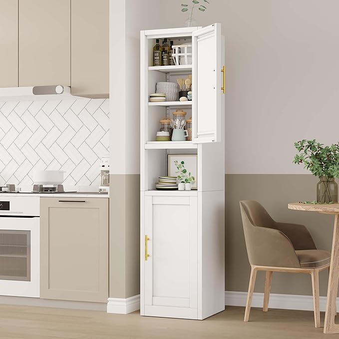 67" Tall Narrow Storage Cabinet Metal Bathroom Cabinet with 2 Doors & 4 Adjustable Shelves, Standing Pantry Cabinets Cupboard for Kitchen, Dining Room, Living Room and Bathroom (White)