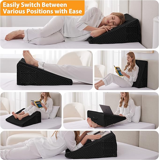 Wedge Pillow for Acid Reflux, Bed Wedge Pillow for Headboard 10", Pillow Wedge for Back Pain Relief, Post Surgery, Elevated Pillows for Sleeping, Snoring, Triangle Pillow with Cover, Black