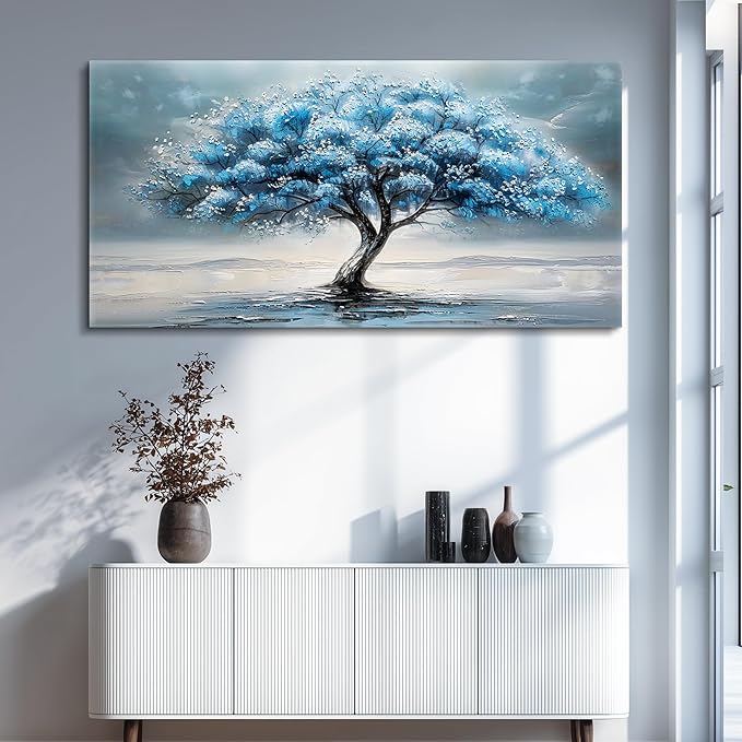 FUHAIHUA Farmhouse Wall Decor For Living Room Large Canvas Wall Art For Bedroom Office Decorations Blue Tree Paintings Abstract Wall Pictures Artworks Ready To Hang Home Decor Mural Art 24"X48"