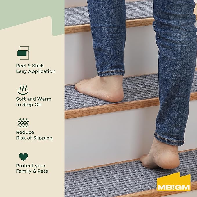 MBIGM 8" X 30" (7 in Pack) Non-Slip Carpet Stair Treads Non-Skid Safety Rug Slip Resistant Indoor Runner for Kids Elders and Pets with Reusable Adhesive - Light Gray