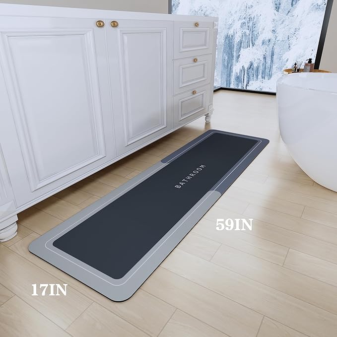 Bath Mat Rug, Rubber Non-Slip Quick Dry Bathroom Rugs, Super Absorbent Bath Mat, Thin Floor Shower Mat Fit Under Door, Bath Rug for Bathtub, Shower and Sink (17"x59", Blue)