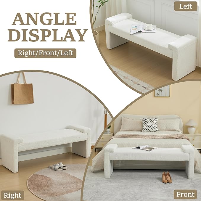58.7" End of Bed Bench Upholstered Modern Bedroom Bench for Living Room & Entryway, Easy Assembly, Footrest Ottoman Accent Window Bench with Solid Wood Frame & Curved Arm, White