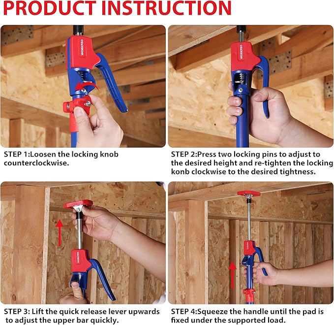 WORKPRO Cabinet Jack Support Pole, 54-114 Inches Steel Telescopic Quick Support Rod Adjustable 3rd Hand Support System with 154 lbs Capacity for Cabinet Jack, Drywall Jack& Cargo Bars, 4-Pack