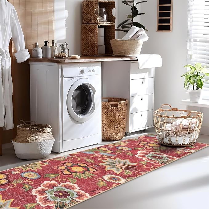 Beeiva Floral Runner Rug Non Slip, Vintage Red 2.5x12 Rug Runner for Hallways Non-Slip, Printed Distressed Ultra Thin Foldable Washable Runner Rug for Bedroom Bathroom Christmas