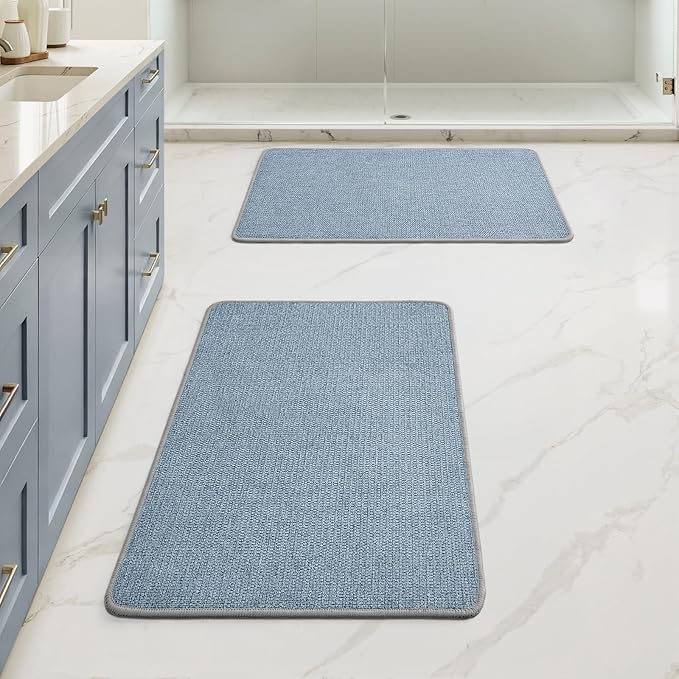 MIULEE Set of 2 Ultra Thin Bathroom Rugs, Rubber Bath Mats for Bathroom Non Slip, Quick Dry Absorbent Bath Rug Machine Washable, Fit Under Door, Shower, Sink, Home Decor, Blue, 17x27 Inch