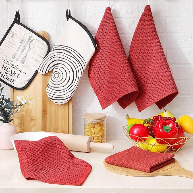 Homaxy 100% Cotton Waffle Weave Kitchen Dish Towels, Ultra Soft Absorbent Quick Drying Cleaning Towel, 13 x 28 Inches, 6-Pack, Brick Red
