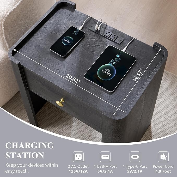 23.6" Tall Modern Nightstand with Charging Station, 22" Wide Curved Bedside Table with 1 Storage Drawer, Wooden Night Stand, Large End Table for Bedroom, Living Room, Dark Grey