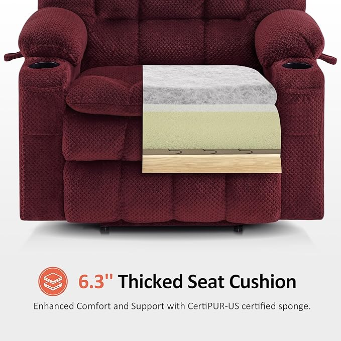 MCombo Dual Motor Power Lift Recliner Chair for Elderly, Lay Flat Lift Chair with Heat and Massage, Extra Wide Lift Recliner for Big People, Cup Holders, Fabric R7897 (Burgundy, Medium-Wide)