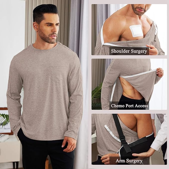 Deyeek Men's Post Shoulder Surgery Recovery Shirts Full Tear Away Long Sleeve Snap Chemo Port Access Shirt