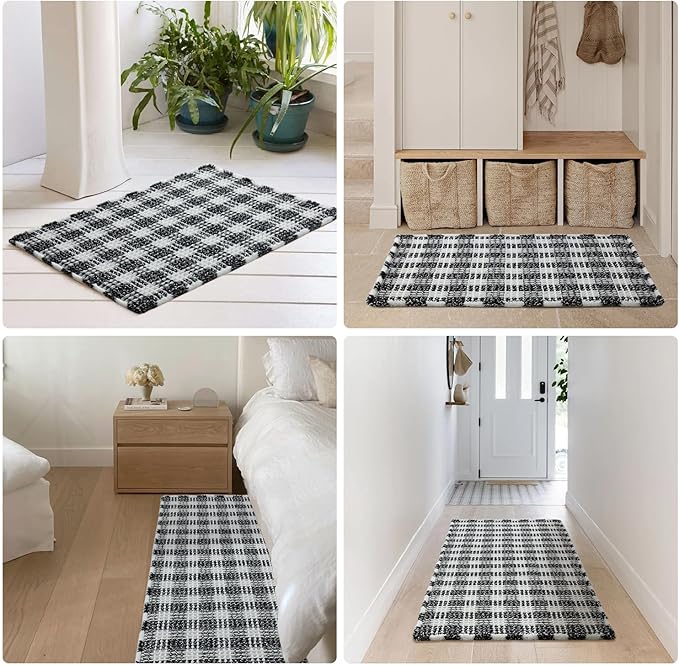 Waffle Bath Mat, Boho Bathroom Rugs Non Slip Washable Absorbent Checkered Bathroom Mat Quick Dry Farmhouse Bathroom Decor, 30"x20" Black and White
